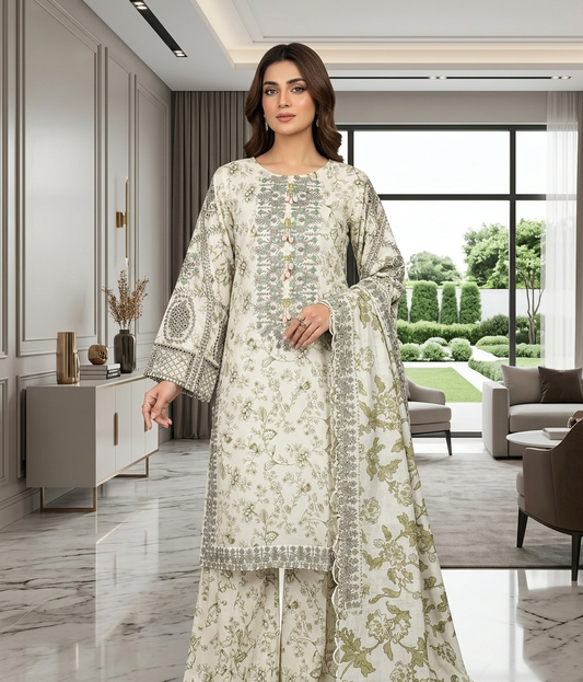 Woman in a traditional outfit standing in a modern living room.